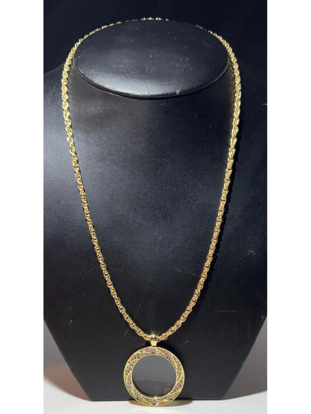 Gold Tone Rope Chain Necklace Round Clear CZ Locket Bezel Pendant Fashion
